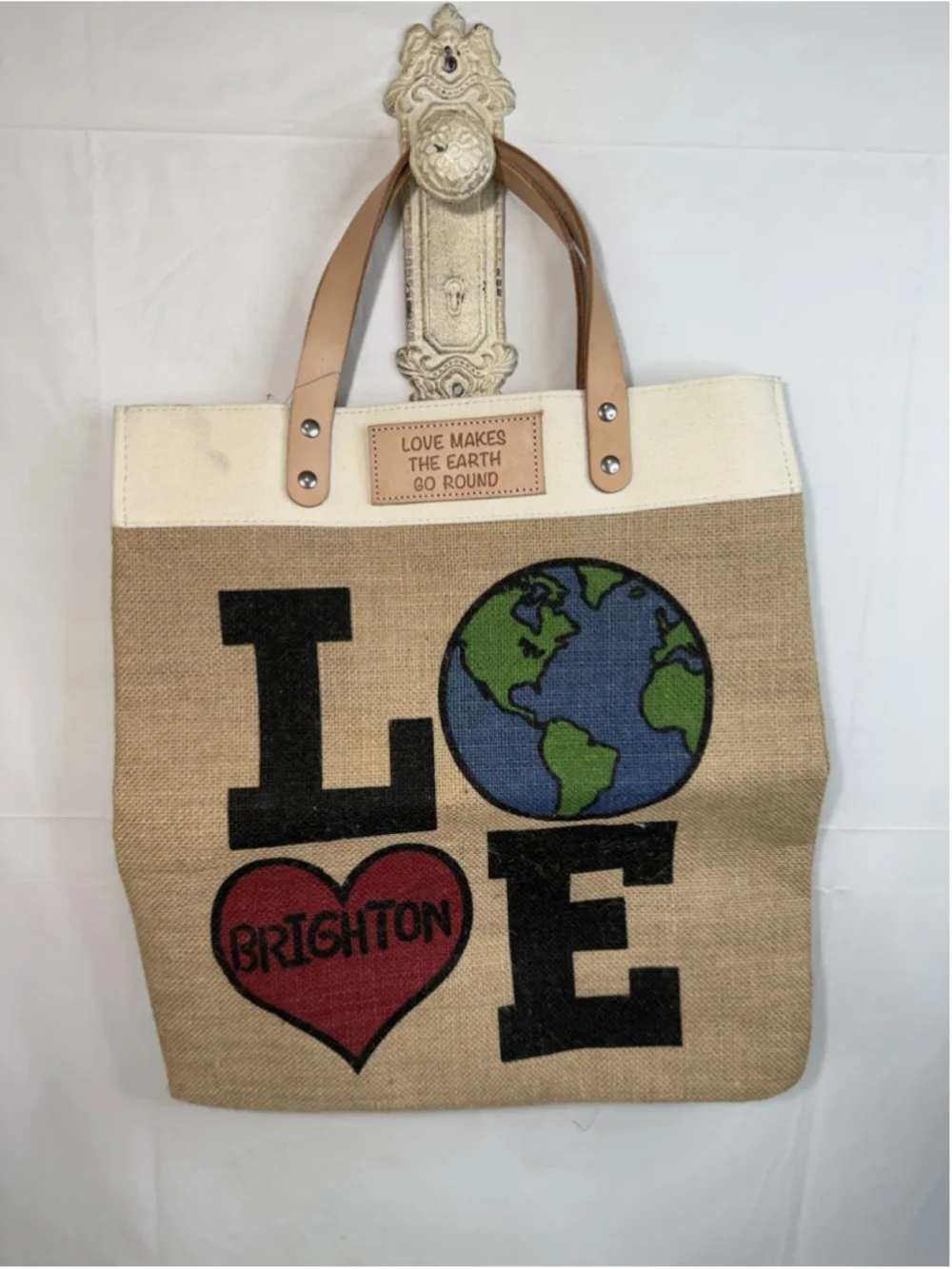 BRIGHTON LOVE The Earth Day Natural Jute Shopper Tote Bag NEW